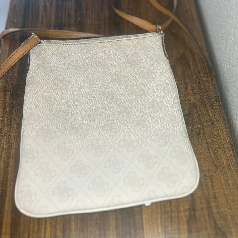 Guess Crossbody Bag Cream Tan Monogram Logo Print Adjustable Strap Slim Purse